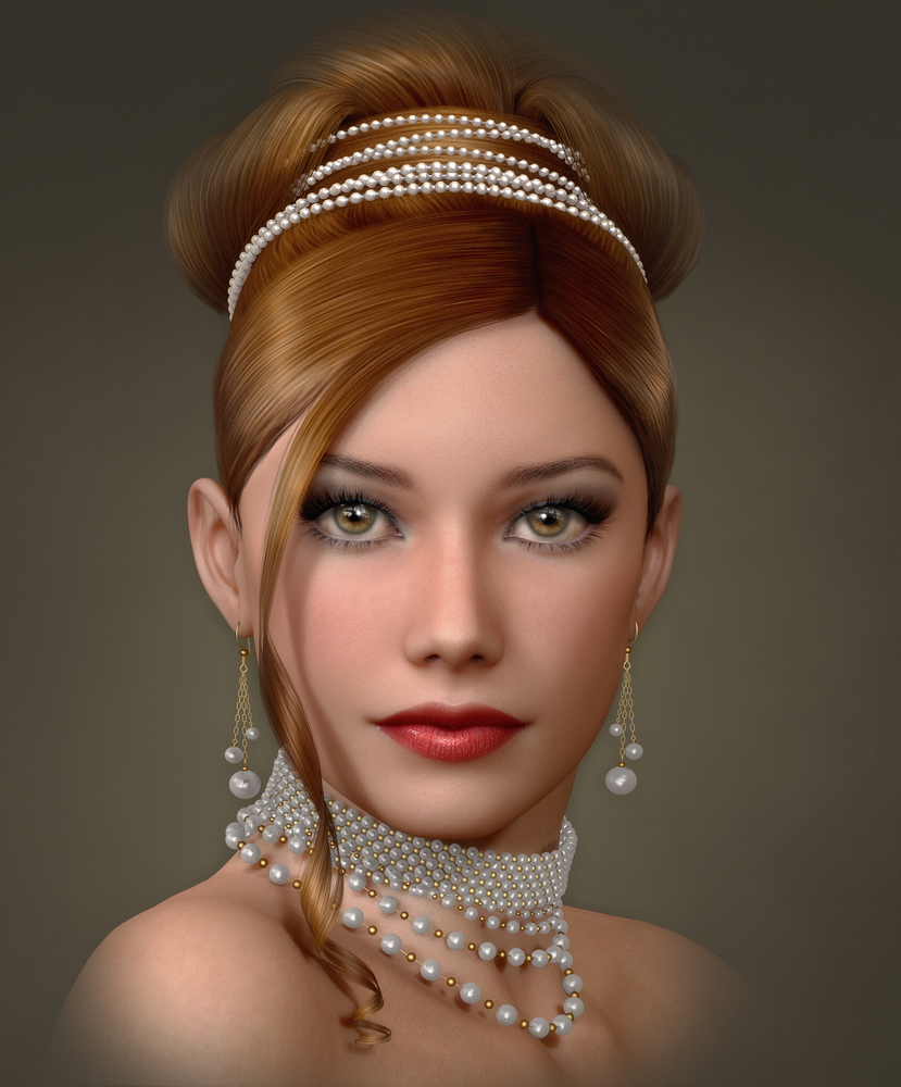 3d computer graphics of a portrait of lady with white pearls jewelry and evening hairstyle and makeup